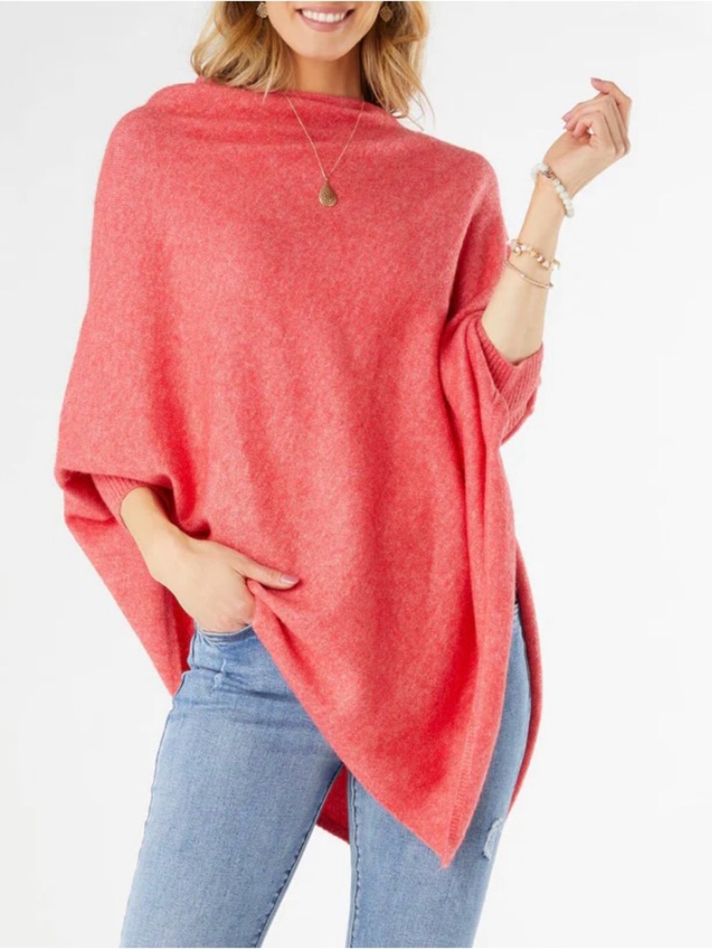 Soft Knit Coral Poncho Sweater with sleeves
